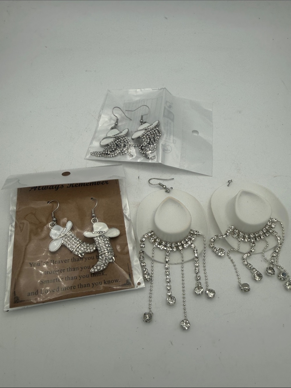 Lot of 3 Rhinestone Cowboy Hat and cowboy boots drop dangle western earrings